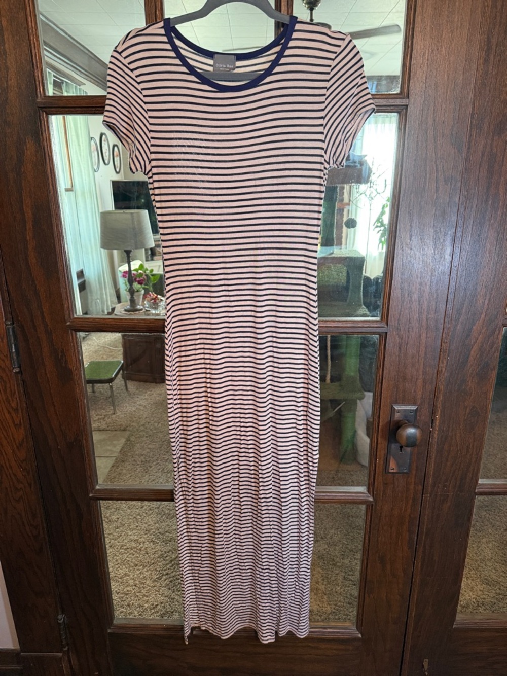 Olivia Rae New York Women Navy Blue Cream Striped Short Sleeve Maxi Dress Size M